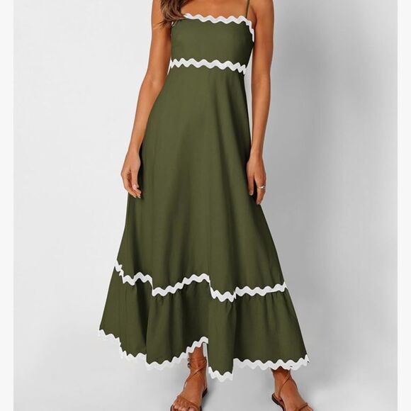 Olive Green Maxi Dress with White Trim - Picture 10 of 14